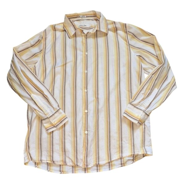 Calvin Klein Mens Striped Button Front Shirt-Yellow/White-L-GUC - Picture 1 of 4
